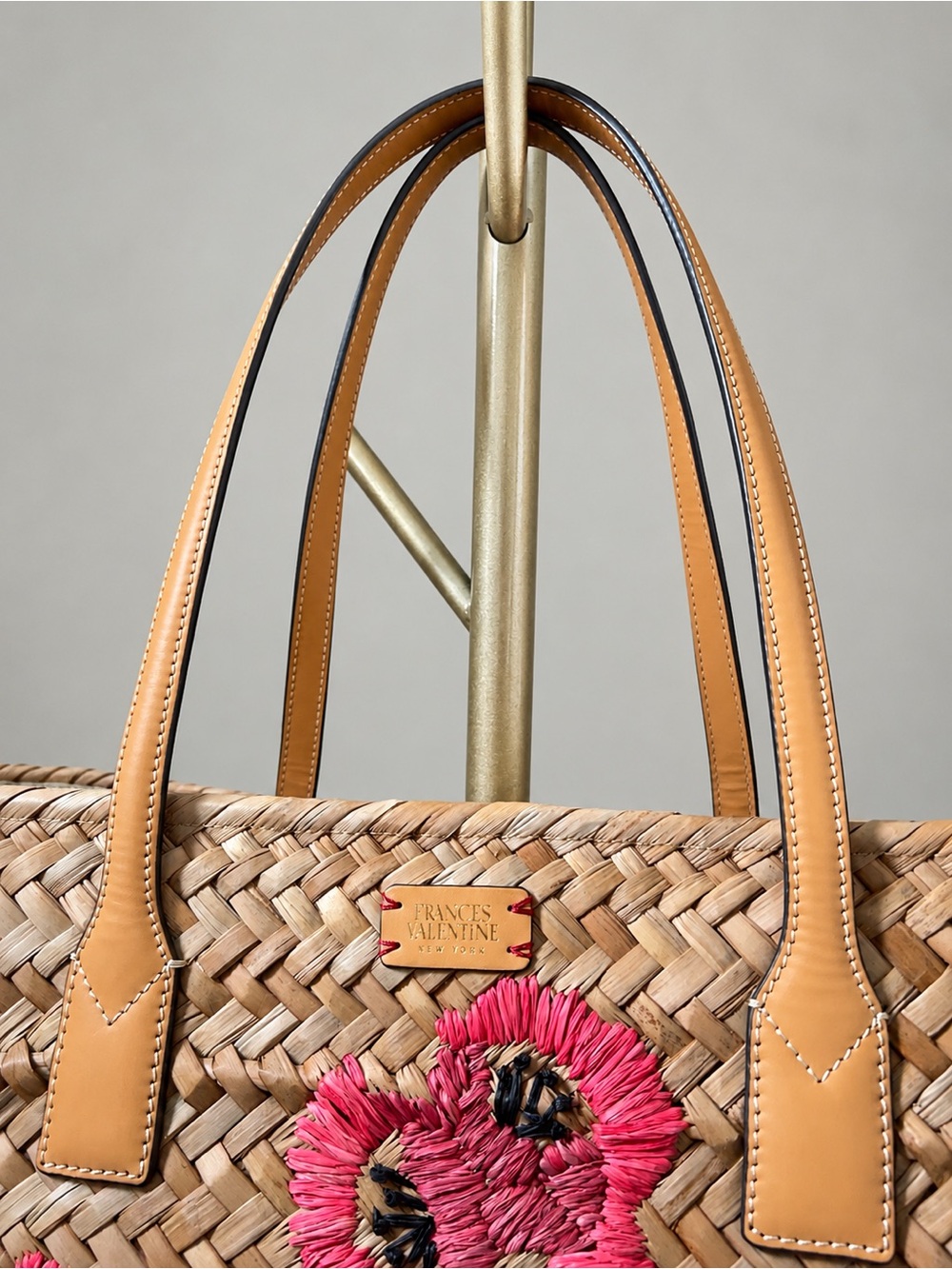 Frances Valentine Floral Straw Tote Beach Bag Leather Trim Pink Raffia - Picture 6 of 16